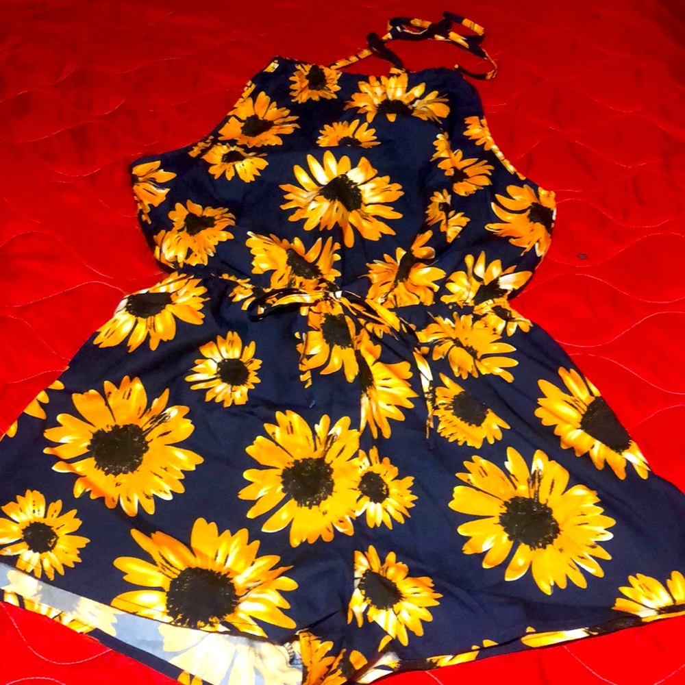 Navy blue and mustard yellow sunflower romper